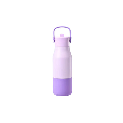 Light lilac drink bottle with a lavender purple base sleeve, purple loop handle and small flip spout.