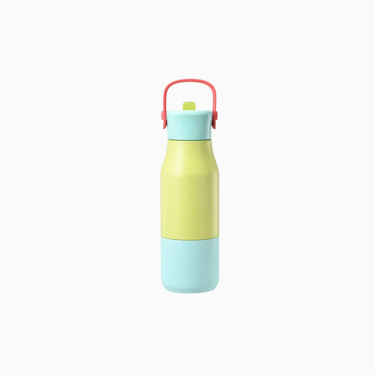 Lime yellow drink bottle with a mint blue base sleeve, coral loop handle and small flip spout.