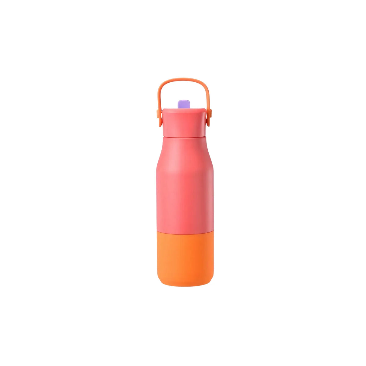 Coral red drink bottle with an orange base sleeve, orange loop handle and small flip spout.