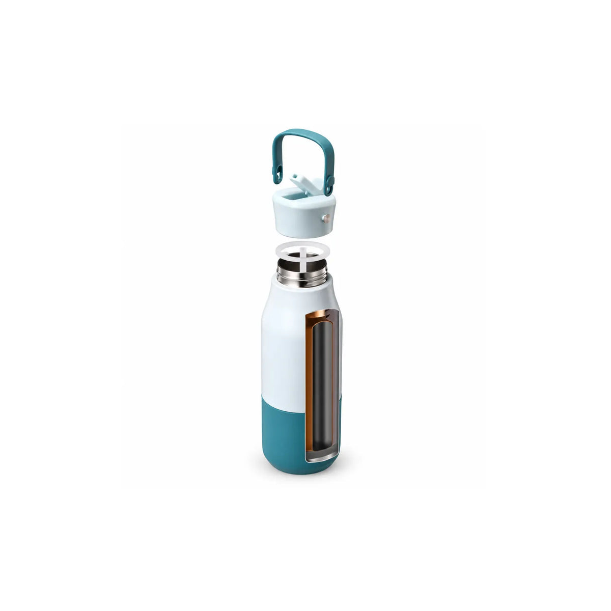 Exploded view of a white and teal drink bottle with the lid, seal ring and threaded neck separated.
