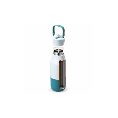 Exploded view of a white and teal drink bottle with the lid, seal ring and threaded neck separated.