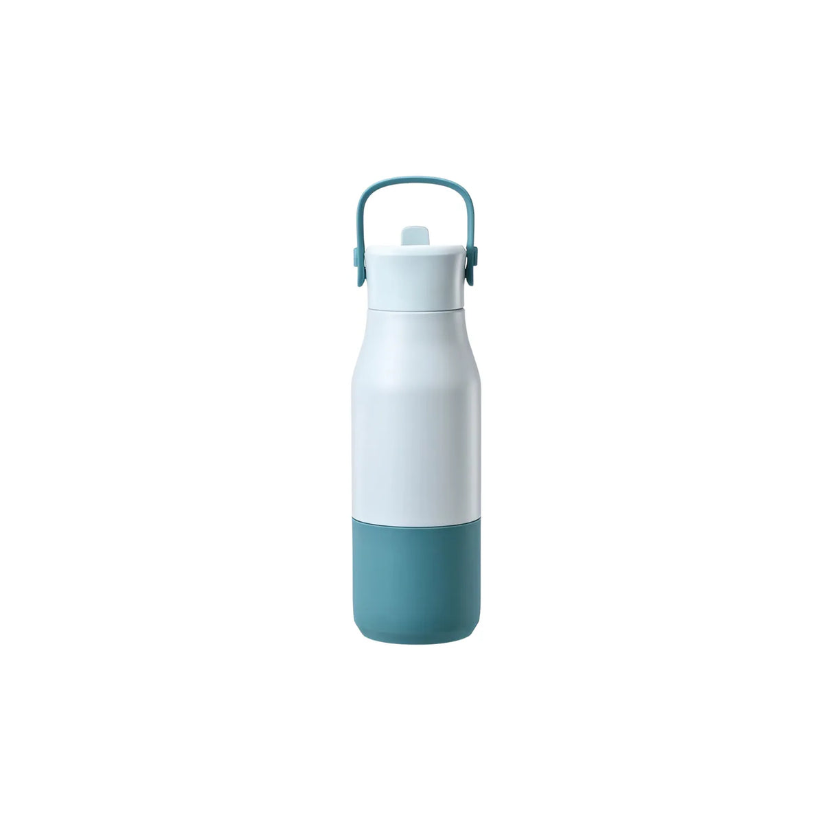 Light soft blue drink bottle with a teal base sleeve, teal loop handle and small flip spout.