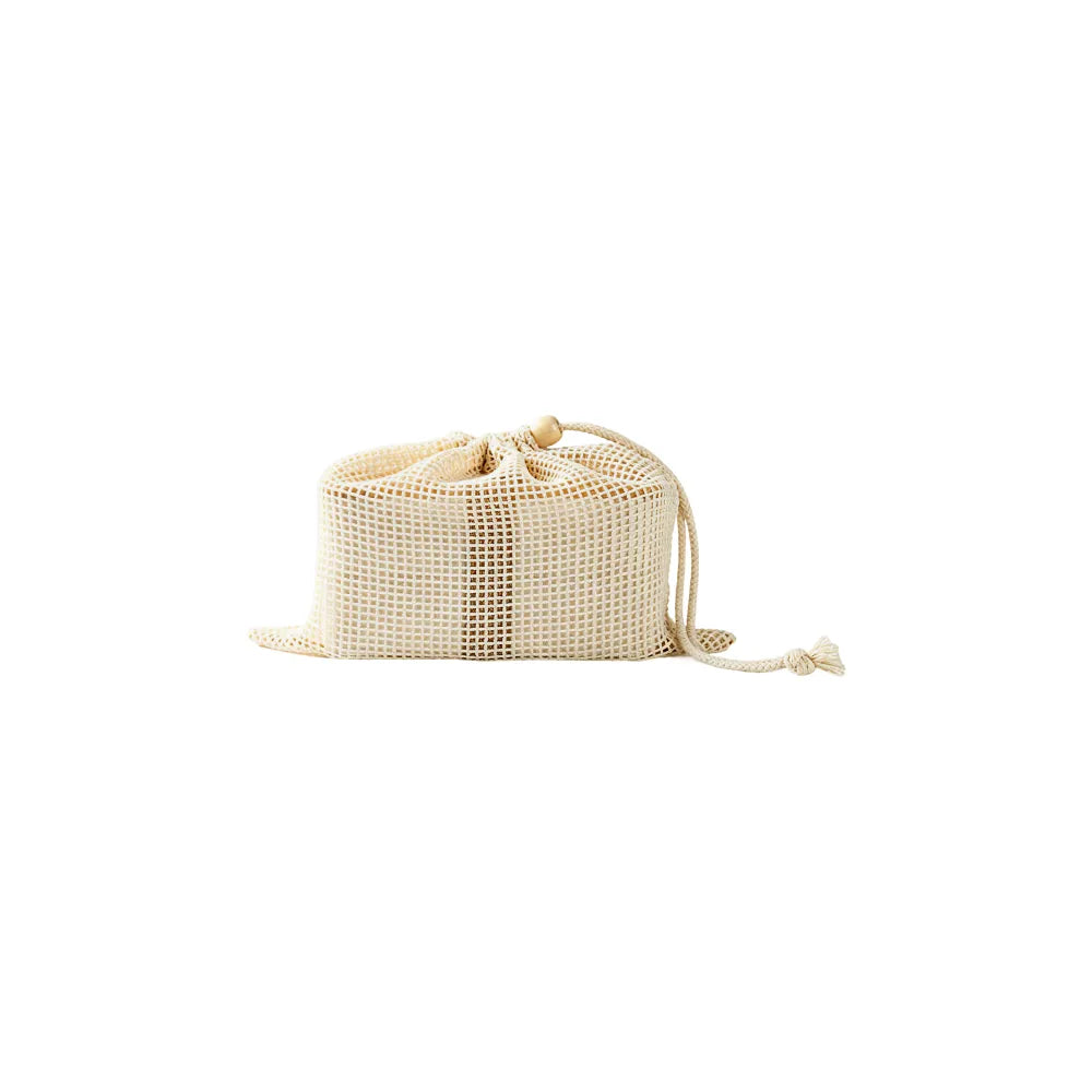 Cream mesh drawstring carry bag for the wheat straw lunch box on a white background, no Wumble branding applied