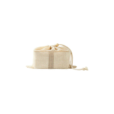 Cream mesh drawstring carry bag for the wheat straw lunch box on a white background, no Wumble branding applied