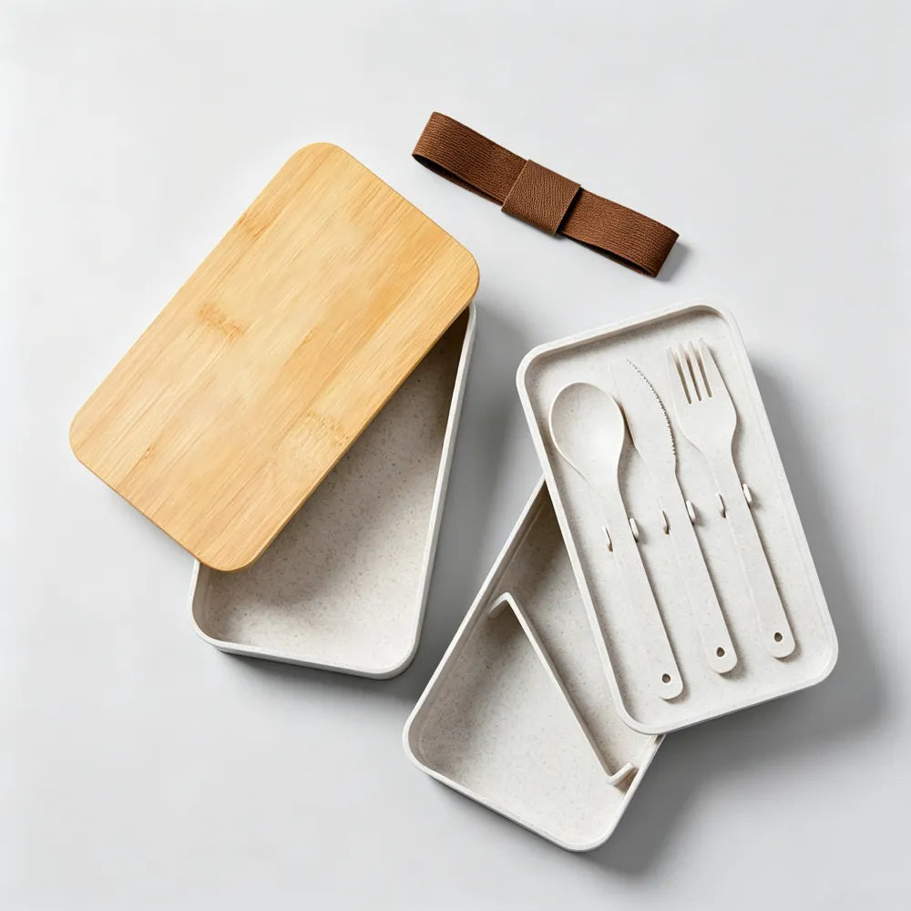 Wheat straw lunch box shown disassembled from above with the bamboo lid, two tiers, cutlery set and brown elastic strap laid out, no Wumble branding applied