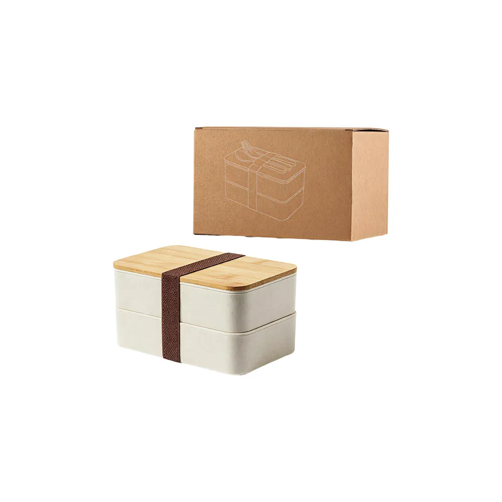 Wheat straw double-layer lunch box beside its printed kraft gift box on a white background, no Wumble branding applied