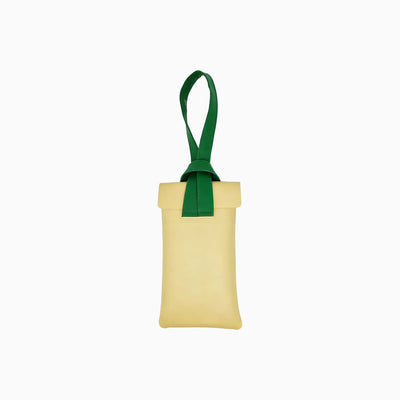 Light butter yellow PU leather drawstring sunglasses pouch with green strap and buckle closure