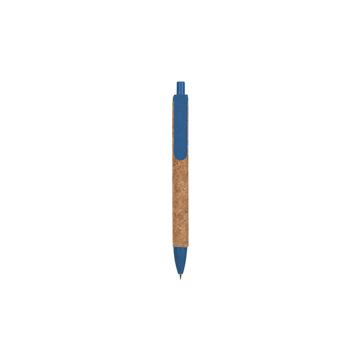 Cork & Wheat Straw Gel Pen with natural cork barrel and yellow wheat straw clip, click button and tip, upright on white