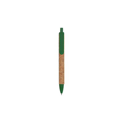 Cork & Wheat Straw Gel Pen with natural cork barrel and yellow wheat straw clip, click button and tip, upright on white