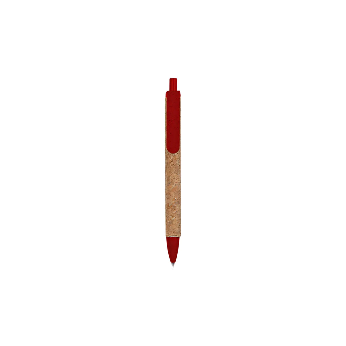 Cork & Wheat Straw Gel Pen with natural cork barrel and yellow wheat straw clip, click button and tip, upright on white