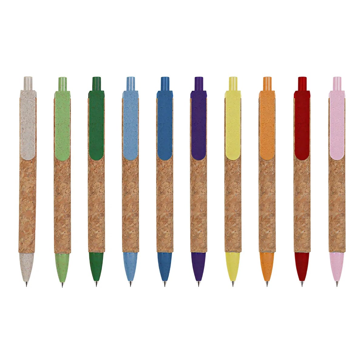 Cork & Wheat Straw Gel Pen with natural cork barrel and yellow wheat straw clip, click button and tip, upright on white