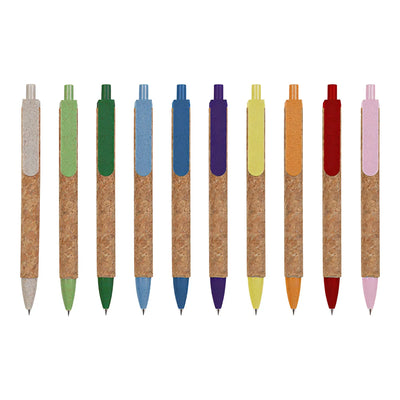 Cork & Wheat Straw Gel Pen with natural cork barrel and yellow wheat straw clip, click button and tip, upright on white