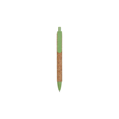 Cork & Wheat Straw Gel Pen with natural cork barrel and yellow wheat straw clip, click button and tip, upright on white