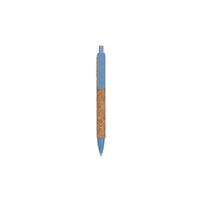 Cork & Wheat Straw Gel Pen with natural cork barrel and yellow wheat straw clip, click button and tip, upright on white
