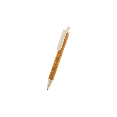 Cork & Wheat Straw Gel Pen with natural cork barrel and yellow wheat straw clip, click button and tip, upright on white