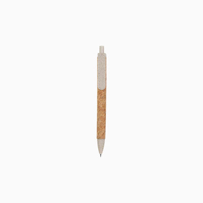 Cork & Wheat Straw Gel Pen with natural cork barrel and yellow wheat straw clip, click button and tip, upright on white