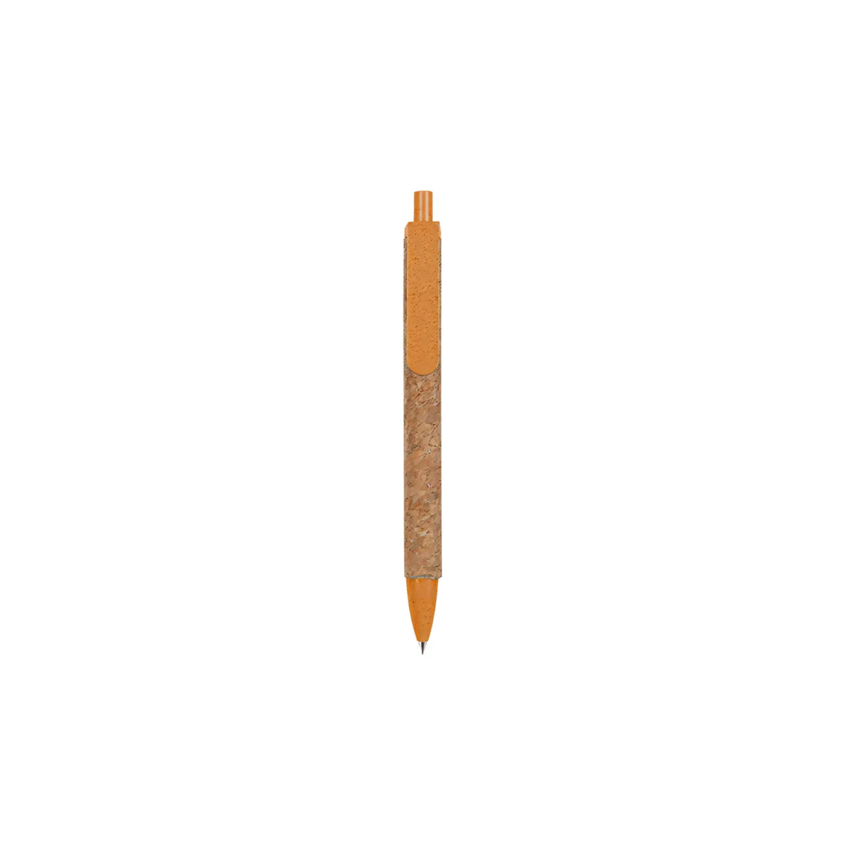 Cork & Wheat Straw Gel Pen with natural cork barrel and yellow wheat straw clip, click button and tip, upright on white
