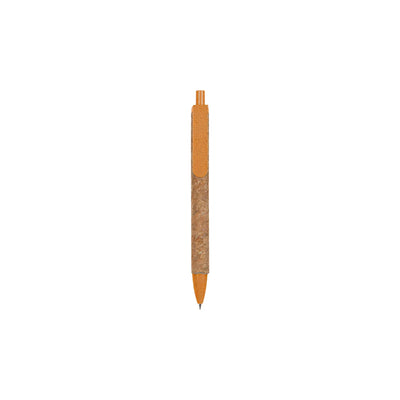 Cork & Wheat Straw Gel Pen with natural cork barrel and yellow wheat straw clip, click button and tip, upright on white