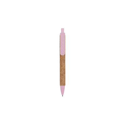 Cork & Wheat Straw Gel Pen with natural cork barrel and yellow wheat straw clip, click button and tip, upright on white