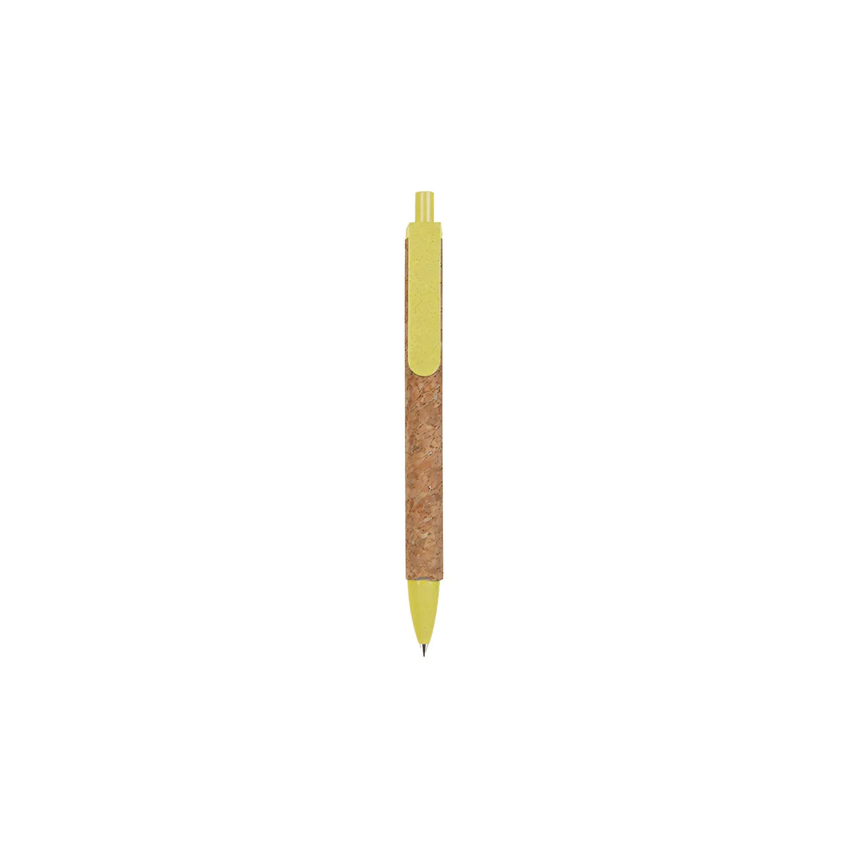Cork & Wheat Straw Gel Pen with natural cork barrel and yellow wheat straw clip, click button and tip, upright on white
