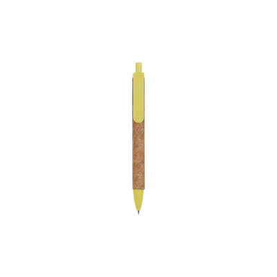 Cork & Wheat Straw Gel Pen with natural cork barrel and yellow wheat straw clip, click button and tip, upright on white
