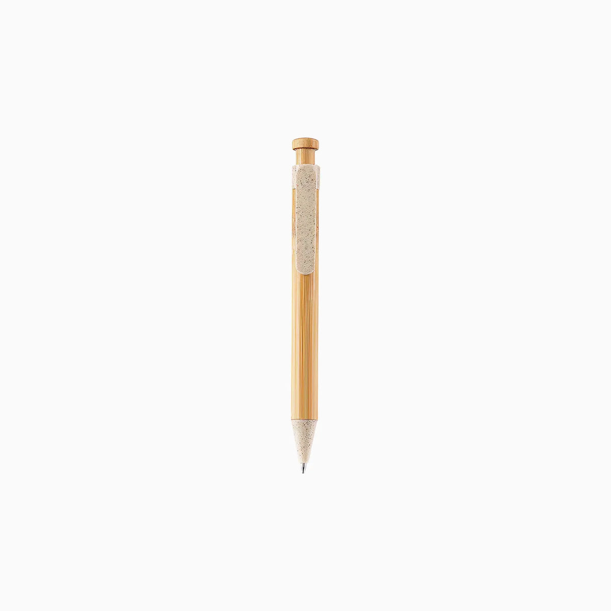 Eco-Friendly Bamboo & Wheat Straw Gel Pen with natural bamboo barrel and button, beige wheat straw clip and tip, upright on light grey