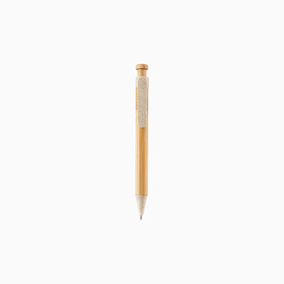 Eco-Friendly Bamboo & Wheat Straw Gel Pen with natural bamboo barrel and button, beige wheat straw clip and tip, upright on light grey