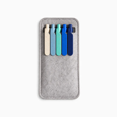 Eco-Friendly Wheat Straw Gel Pen & Felt Sleeve Set with five pens clipped into a stitched RPET felt sleeve