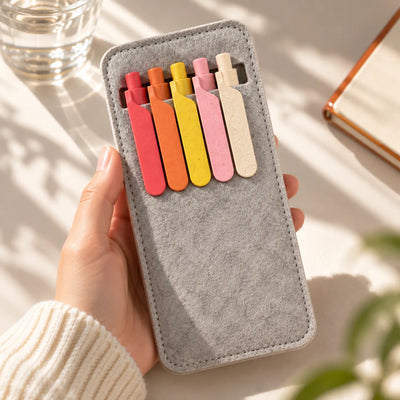 Eco-Friendly Wheat Straw Gel Pen & Felt Sleeve Set with five pens clipped into a stitched RPET felt sleeve