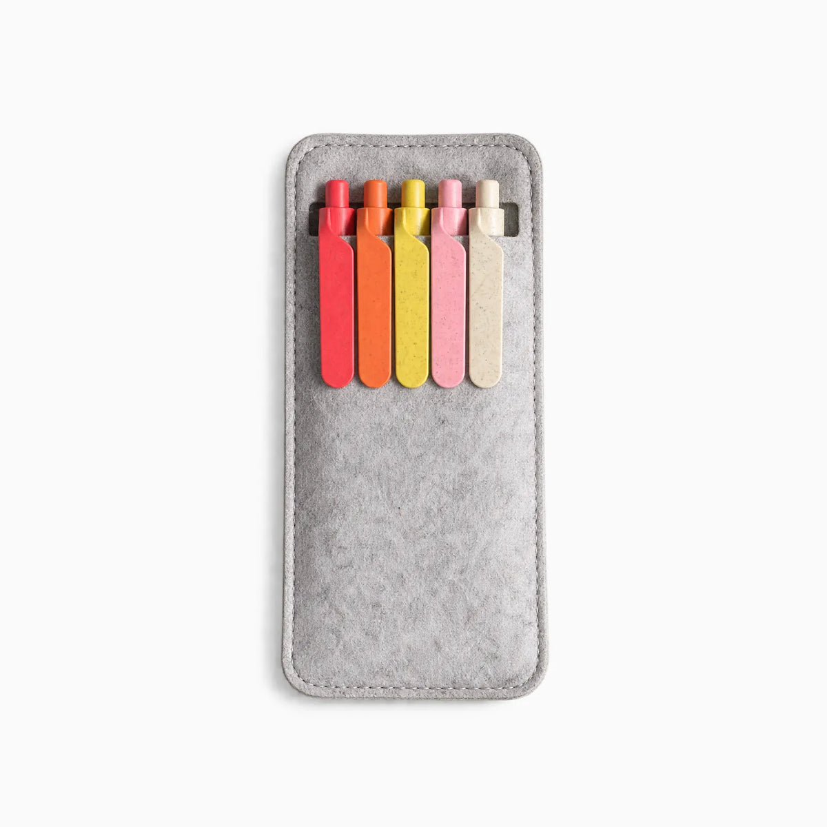 Eco-Friendly Wheat Straw Gel Pen & Felt Sleeve Set with five pens clipped into a stitched RPET felt sleeve