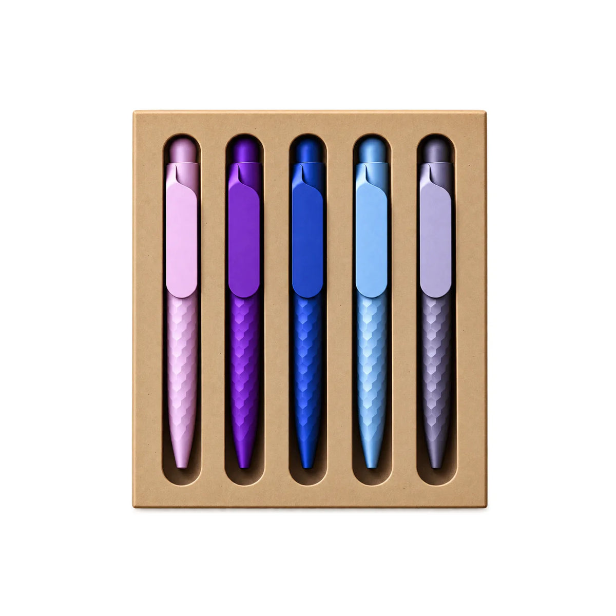 Eco-Friendly Wheat Straw Gel Pen Set with five textured click pens in a kraft corrugated tray