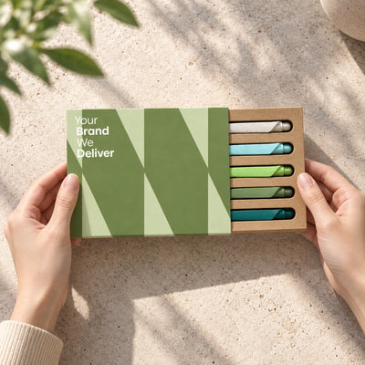 Eco-Friendly Wheat Straw Gel Pen Set with five textured click pens in a kraft corrugated tray