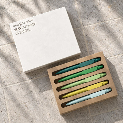 Eco-Friendly Wheat Straw Gel Pen Set with five textured click pens in a kraft corrugated tray
