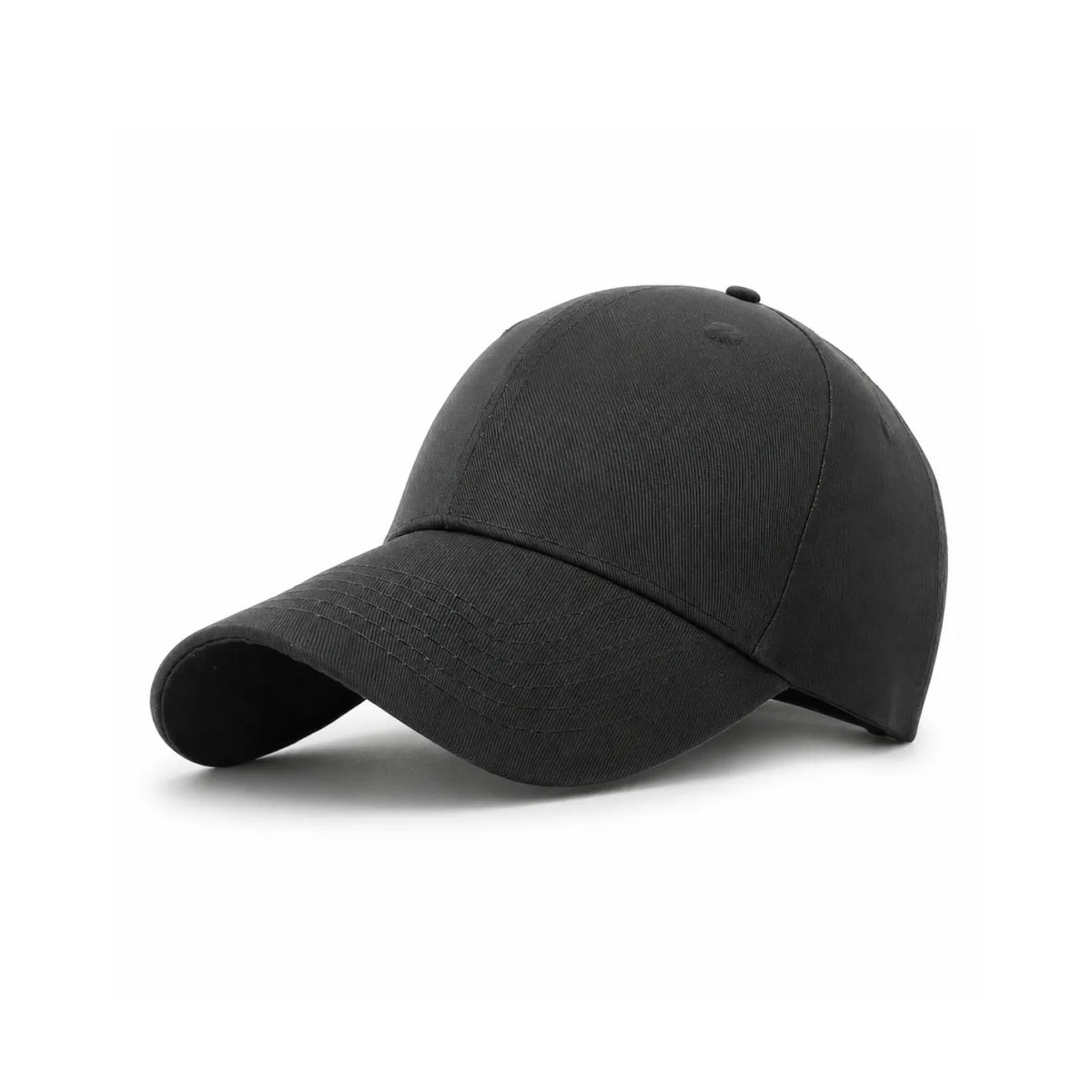 A classic embroidered cotton cap in solid black, shown from a three-quarters angle on a clean white background.