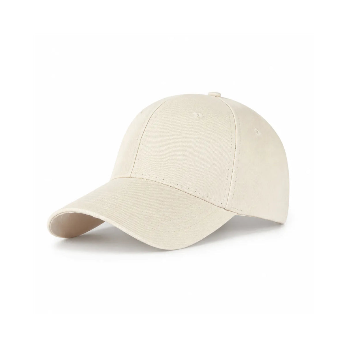 A classic six-panel embroidered cotton  cap in an off-white colour, shown from a three-quarters angle on a solid white background.