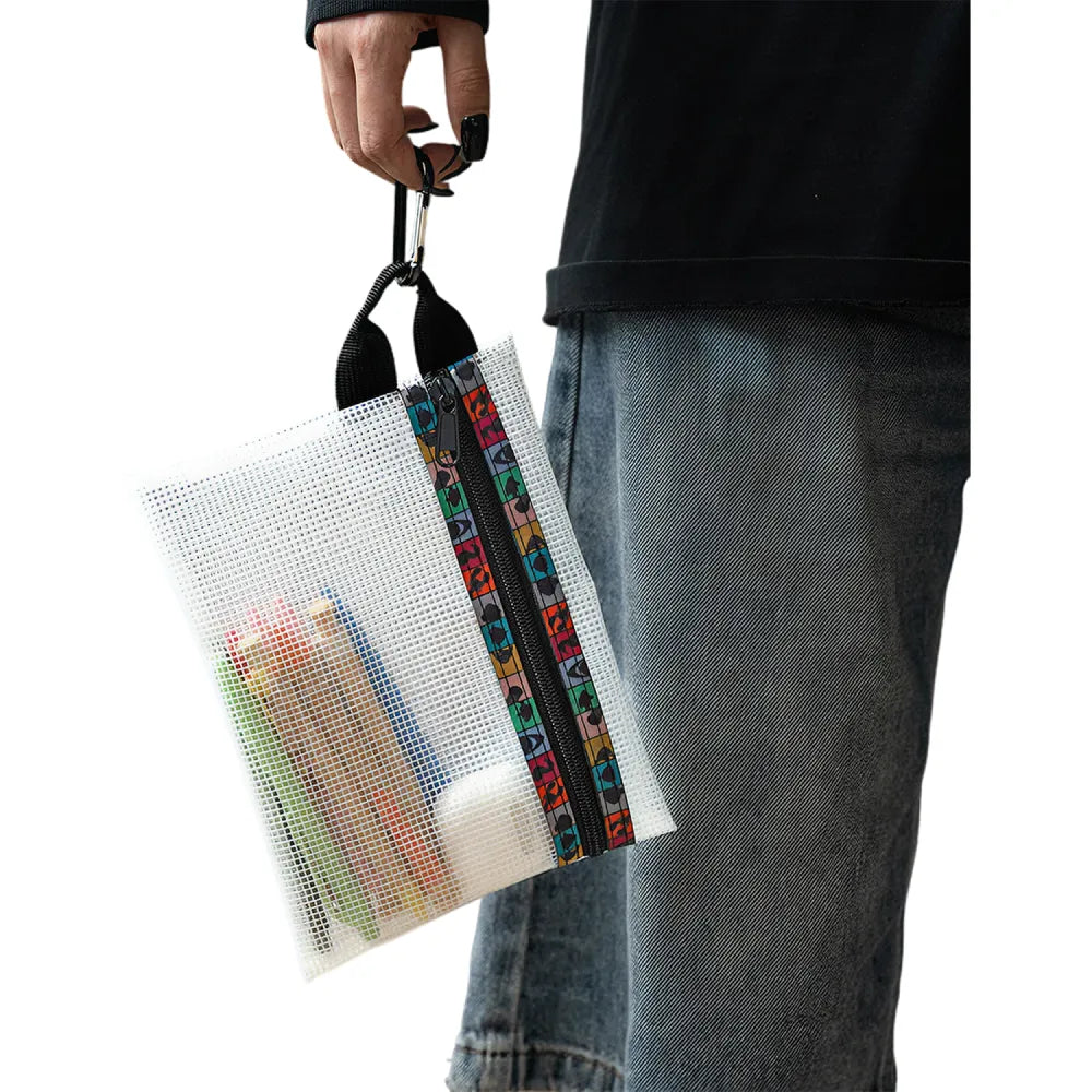 Close up of colourful patterned zipper tape on clear EVA mesh pouch, corporate gift Australia by Wumble Merch