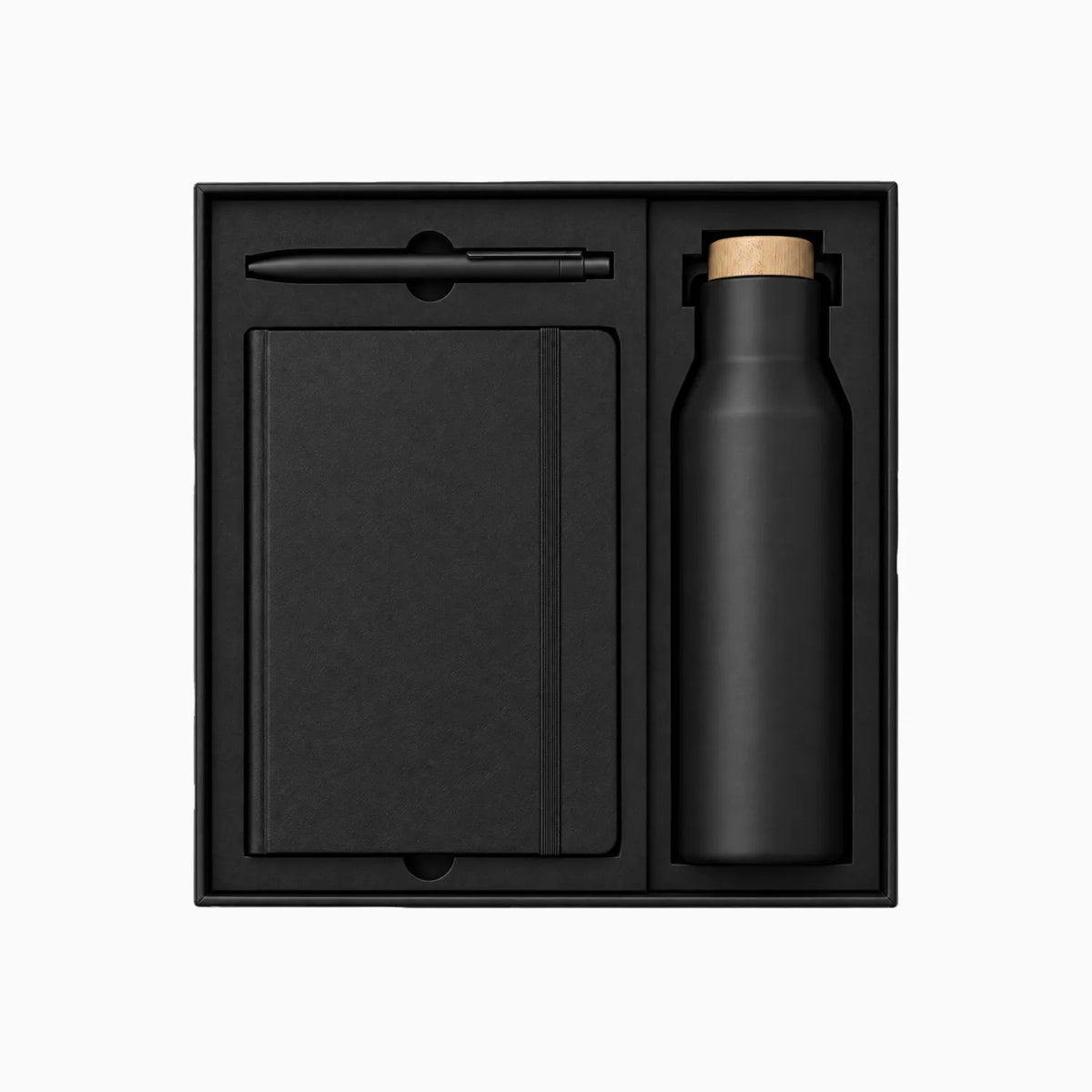 Black corporate gift set with pen, hardcover notebook, and stainless steel water bottle in a branded gift box