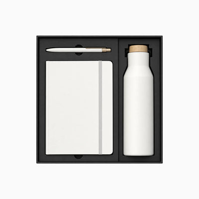White corporate gift set with pen, hardcover notebook, and stainless steel water bottle in a branded gift box
