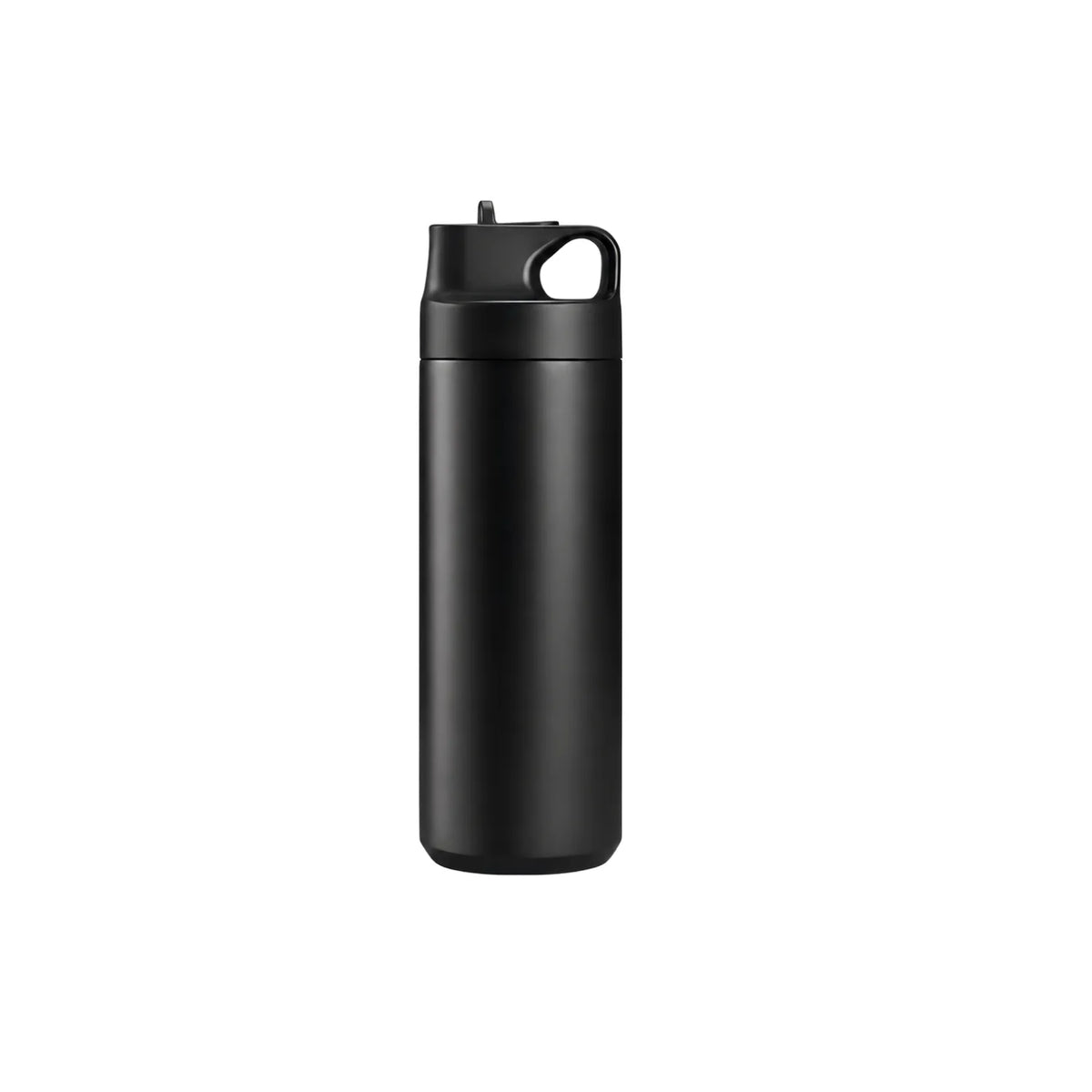 Matte black drink bottle with a squared lid, upright spout and a moulded finger loop.