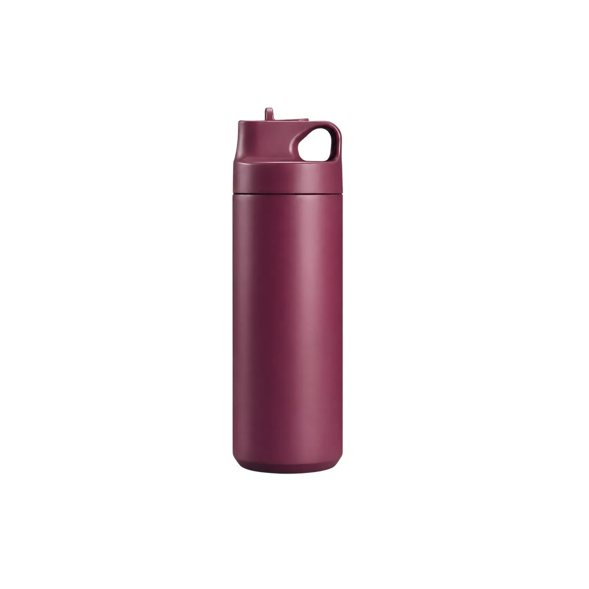 Burgundy drink bottle with a squared lid, upright spout and a moulded finger loop.