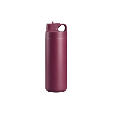 Burgundy drink bottle with a squared lid, upright spout and a moulded finger loop.