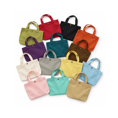 All arrange of coloured canvas textured gusseted tote bag in olive colour, rust red, black, clay orange, plum purple, forest green, dark brown, off white, grey, mustard yellow, soft blue, soft pink, mint green, khaki against a white background. 