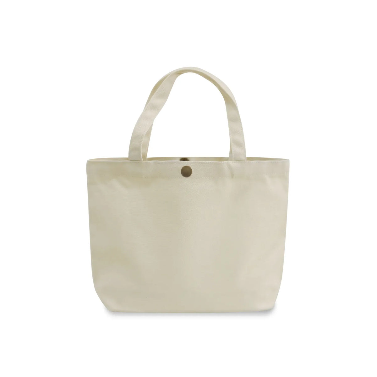 A off-whit gusseted canvas tote bag with dual top handles and a small round metal snap button closure at the top center, shown against a plain white background.