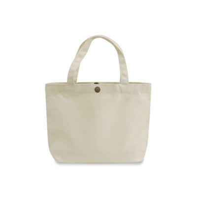 A off-whit gusseted canvas tote bag with dual top handles and a small round metal snap button closure at the top center, shown against a plain white background.