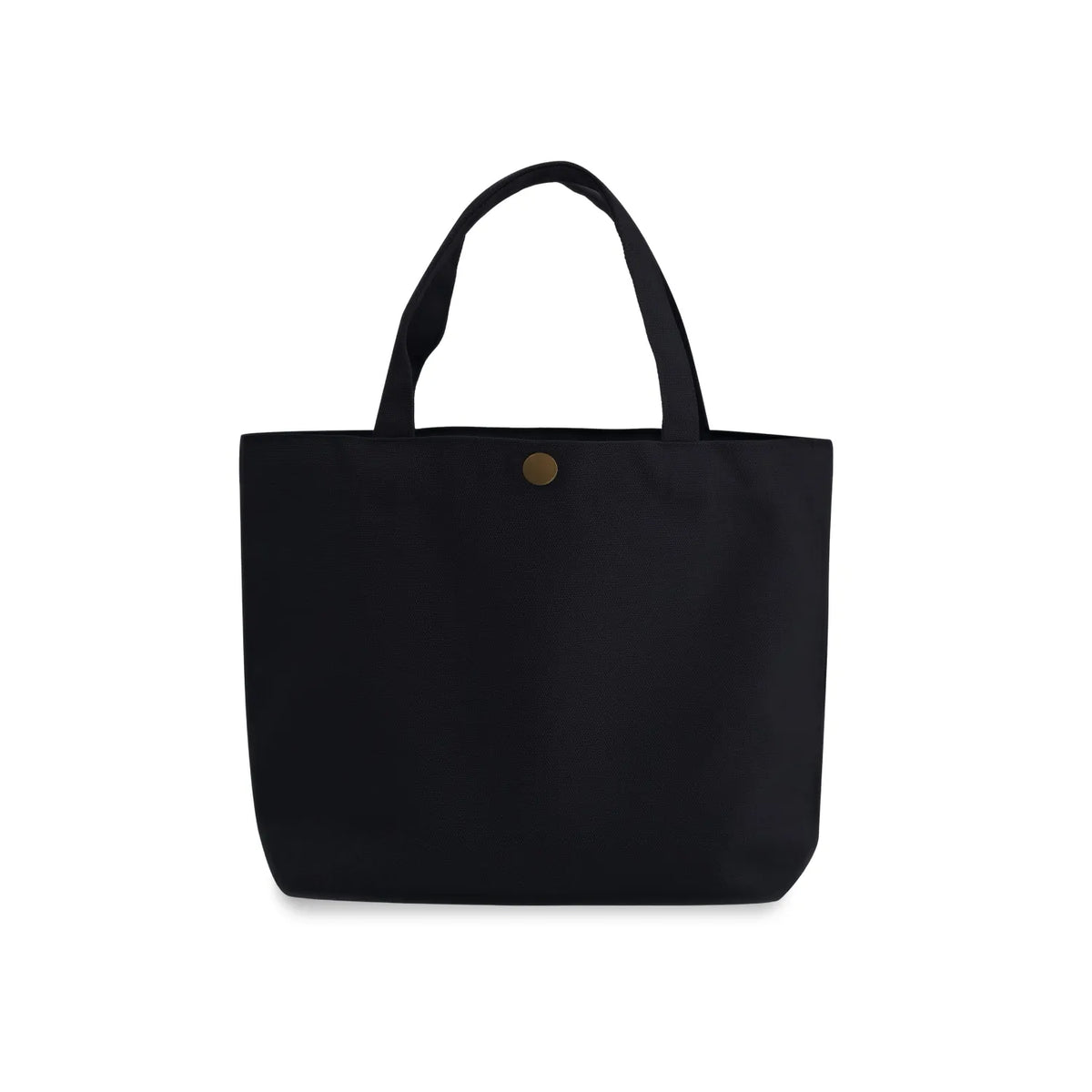 A black canvas gusseted tote bag with two top handles and a small round gold-tone button closure at the top center, shown against a plain white background.