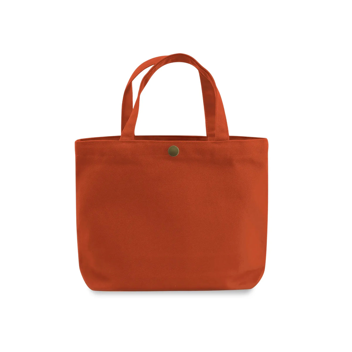 A clay-orange gusseted canvas tote bag with two top handles and a small green metal snap button closure, shown against a plain white background.