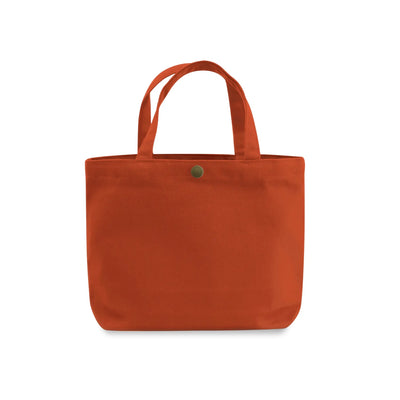 A clay-orange gusseted canvas tote bag with two top handles and a small green metal snap button closure, shown against a plain white background.