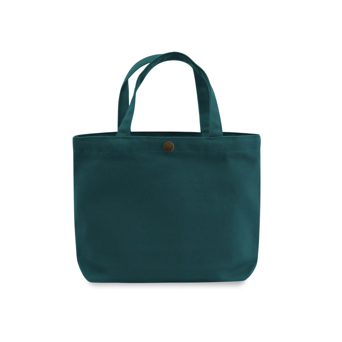 A forest green gusseted canvas tote bag with two top handles and a small round metallic snap button on the front, shown against a plain white background.