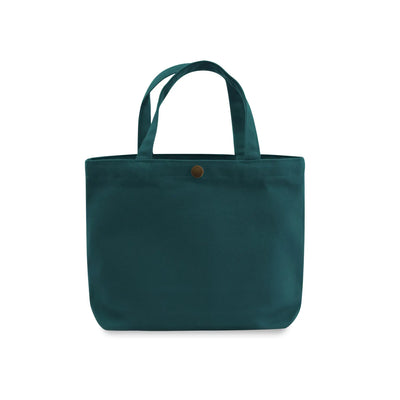 A forest green gusseted canvas tote bag with two top handles and a small round metallic snap button on the front, shown against a plain white background.