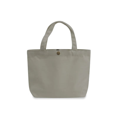 A grey canvas gusseted tote bag with two top handles and a small round metal button closure at the top center, shown against a plain white background.